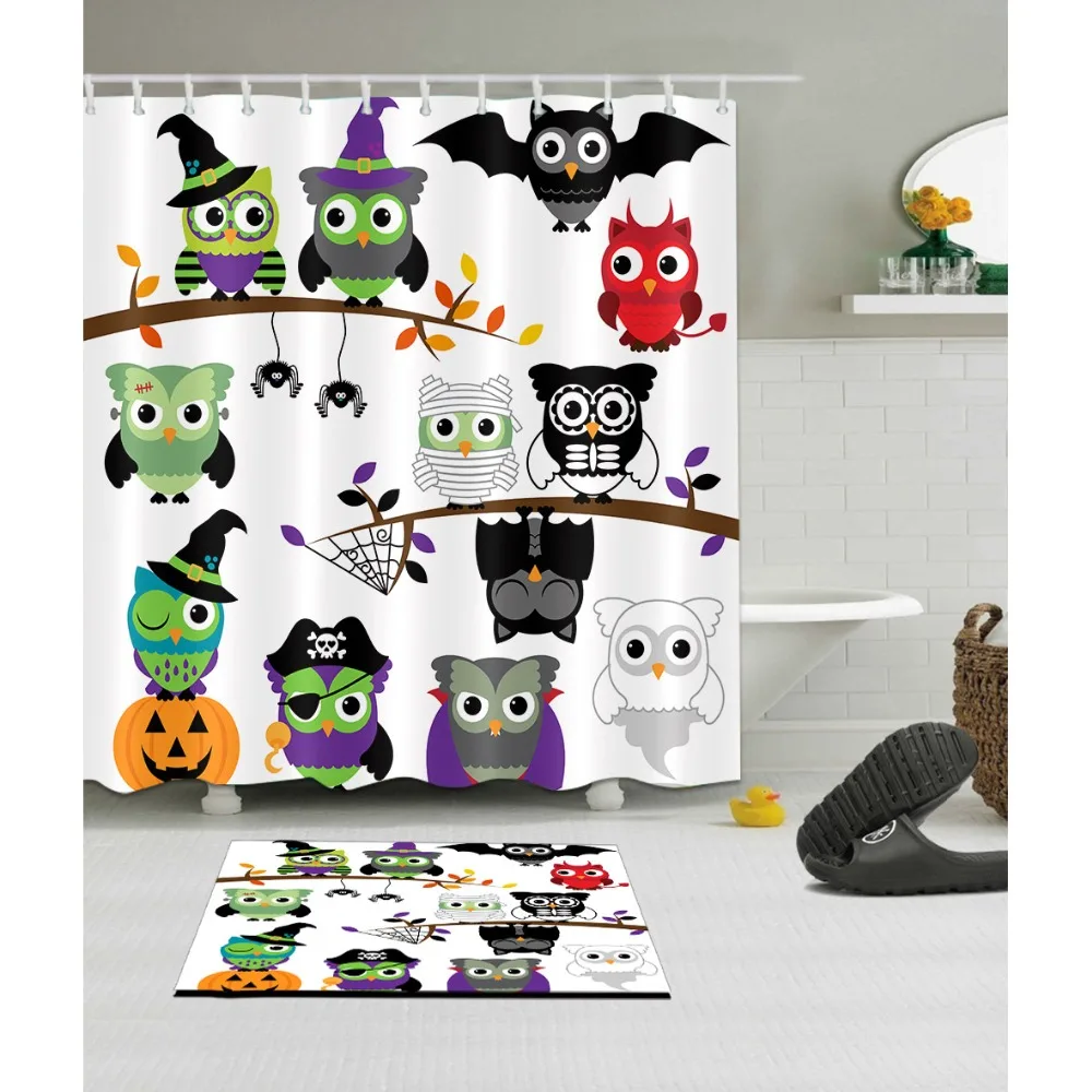 

LB Cartoon Funny Owl Birds Halloween Clawfoot White Shower Curtain Mat Waterproof Polyester Bathroom Fabric For Bathtub Decor