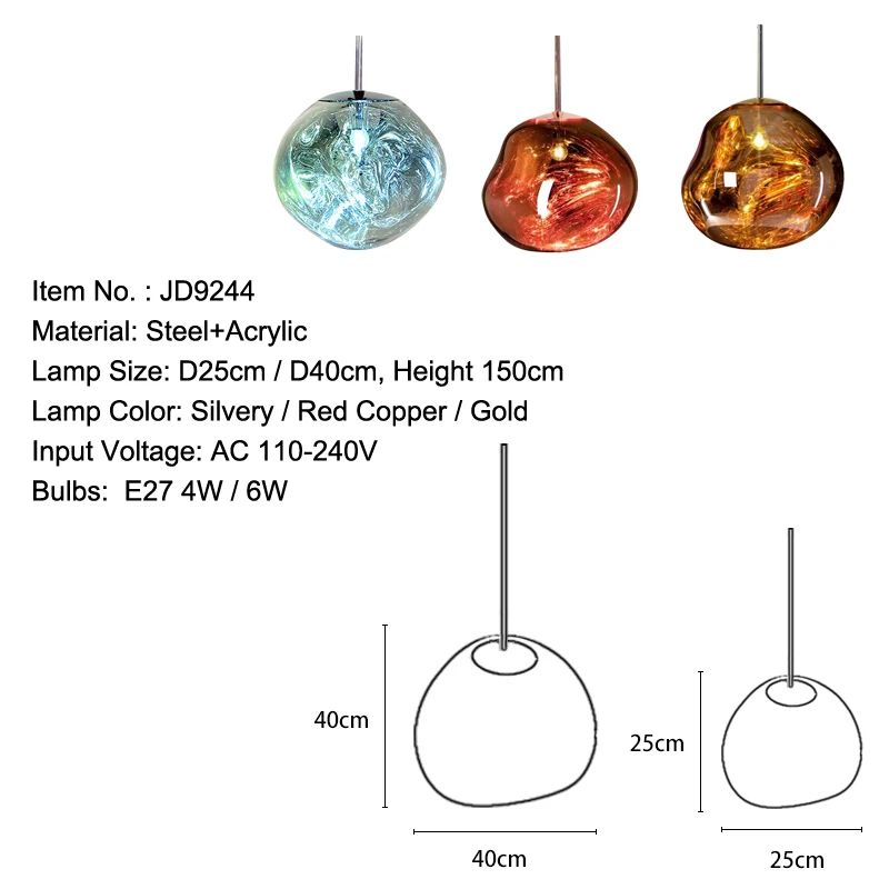 Современные подвесные светильники с расплавом D25/40 см, акриловая лава, Необычные серебристые, золотые, медные зеркальные одиночные подвесные лампы для освещения гостиной