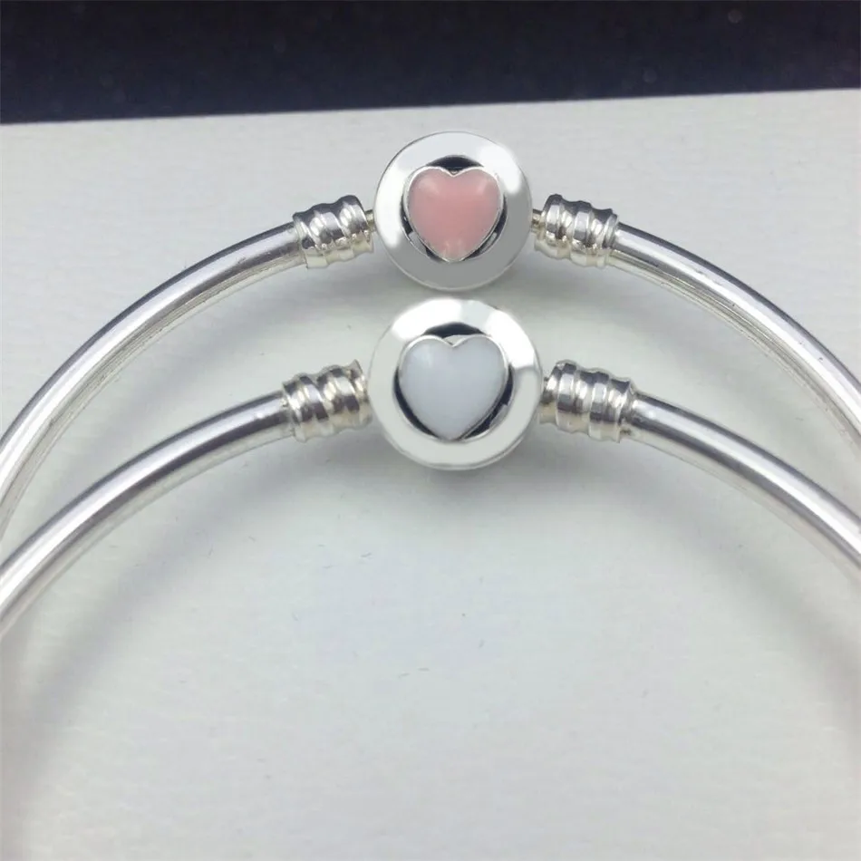 

925 Sterling Silver Bangle Bracelet Pink Wonderful Love Heart Clasp Snake Chain Beads For Women fit Lady Beads Charms Pendant