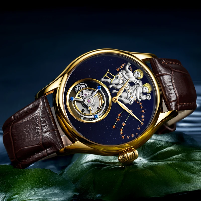 Настоящие Tourbillon, мужские часы, сапфировые близнецы, водонепроницаемые часы со знаком зодиака, мужские механические наручные часы с Tourbillon, 7014G