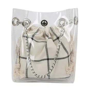 

2Pcs/Set Women's Transparent Plaid Drawstring Chain Crossbody Shoulder Bucket Bag