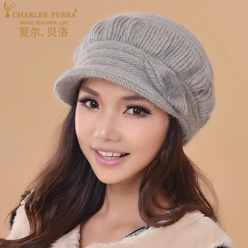 Charles Perra Women Knitted Hats Winter Thicken Double Layer Ear Protection Casual Wool Women's Hat Warm Female Beanies CD63