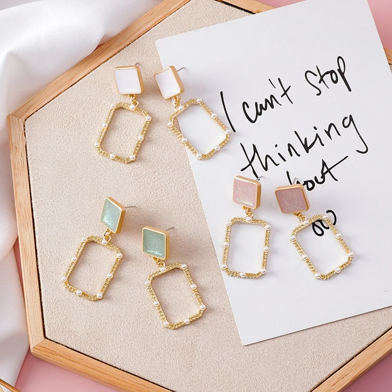 

Fashion Trendy Geometric Rectangular Earrings Sweet Color simulated pearl earrings elegant For Women Drops Earrings