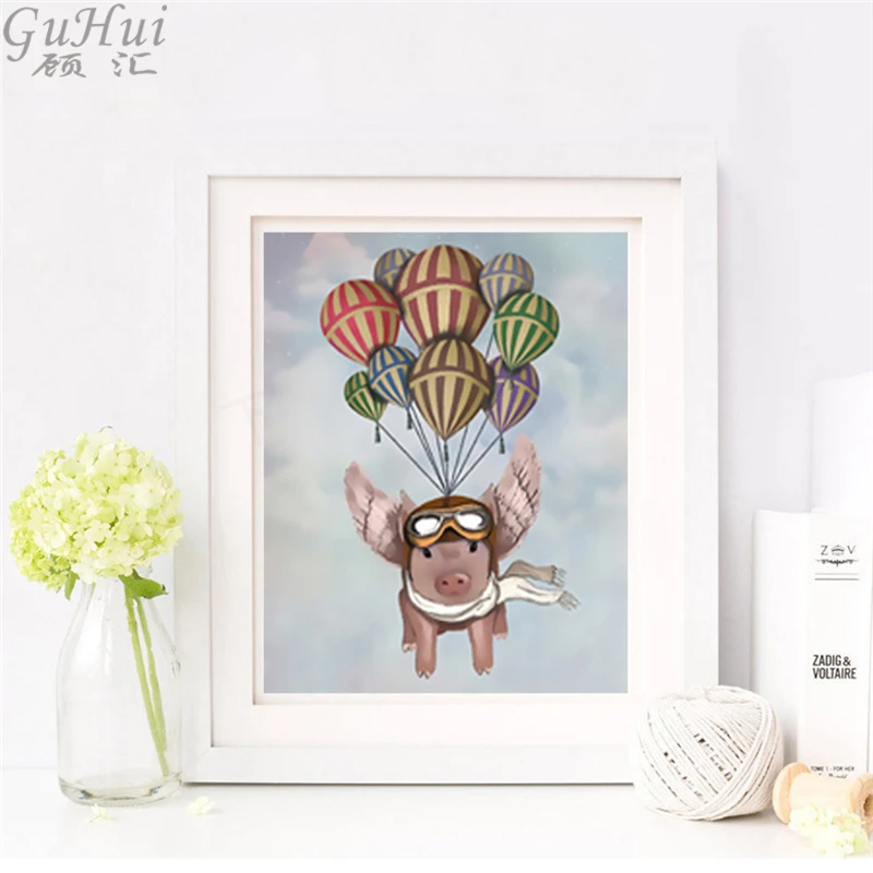 Wonderland Pilot Pig American Retro Canvas Painting Home Decor Raven Air Balloon Rabbit Art Poster Butterfly Wall Pictures | Дом и сад
