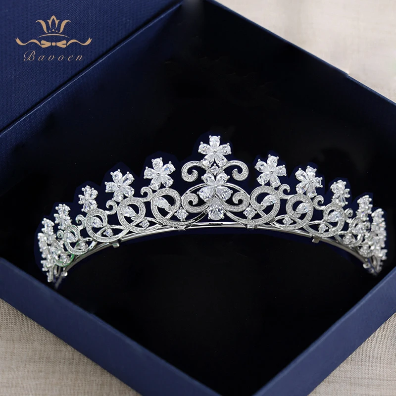 

Bavoen Sparkling Full Zircon Hair Accessories Plated Crystal Tiaras Crowns Flower Silver Evening Hairbands Birthday Gift