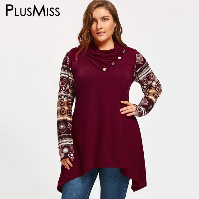 Cheap PlusMiss Plus Size 5XL Heaps Collar Vintage Ethnic Blouse Shirt Women Autumn Winter 2018 Long Sleeve Loose Tops Big Size Blusas