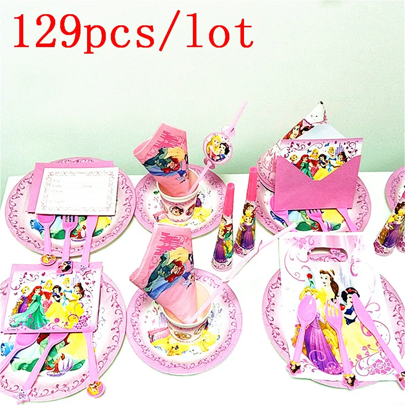 

Six Princess Disney Theme 129Pcs Paper Cup Plate Kid Girl Birthday Party Gift Bag Blowout Wedding Napkin Straw Decoration Supply