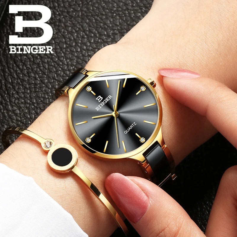 Модные женские часы Топ бренд класса люкс Бингер ультра тонкие кварцевые часы для женщин водонепроницаемый сапфировое зеркало керамический ремешок+ 2 браслета