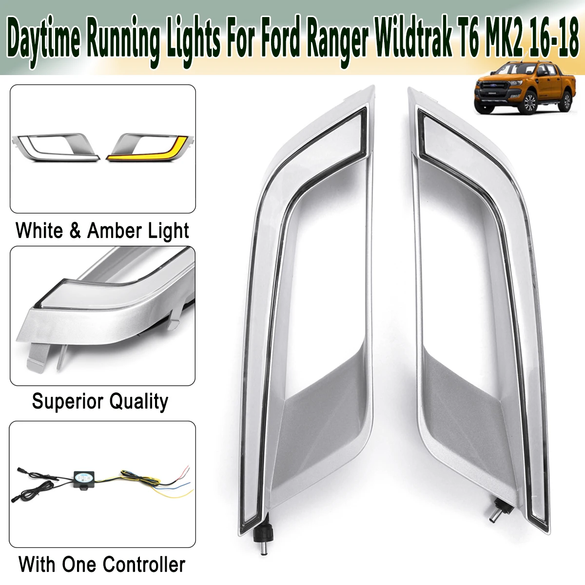 

2pcs LED DRL Daytime Running Lights Lamp ABS Signal Light Two Colors for Ford Ranger Wildtrak T6 MK2 2016-2018