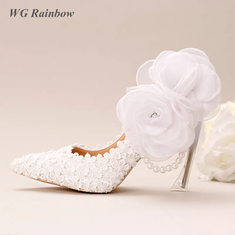 

White Lace Pearls Women Wedding Shoes Pumps Pointed Toe Big Flower Beading Bridal Shoes Transparent Strange Heel Party Shoes