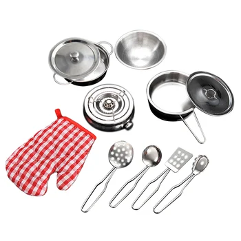 

11 PCS Stainless Steel Kids Mini Simulation Pots Pans Spoons Cookware Kitchen Accessories Toy Pretend Playset Role Play Toy Kit