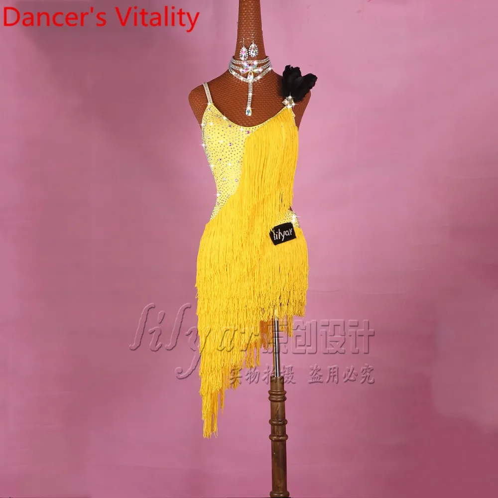 Настоящее платье для латинских танцев для дам с кисточками юбки со стразами для женщин Румба Самба Танго ча танцевальный костюм для соревнований