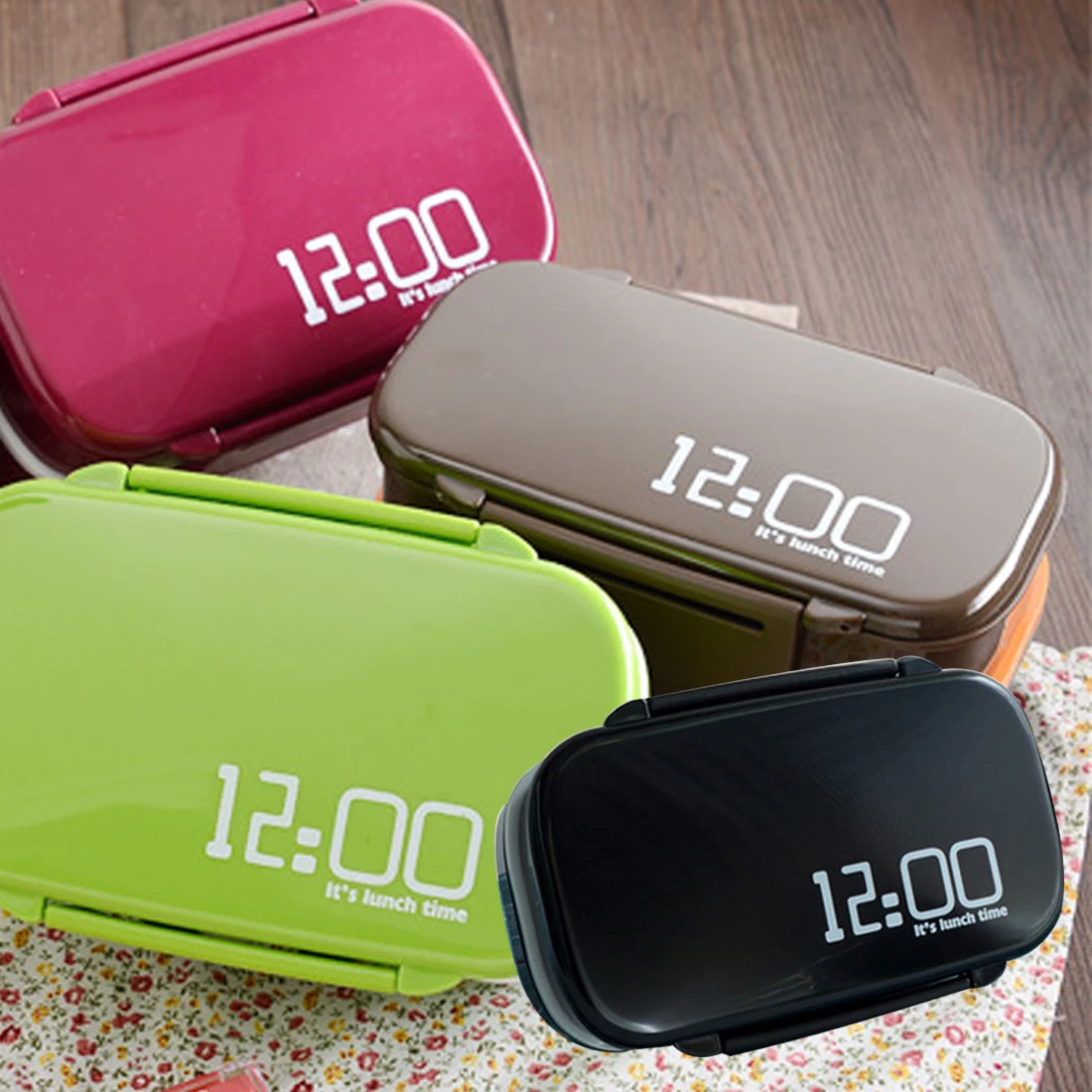 

New 4Colors Creative lunch cases 12:00 It's Lunch Time Japan style Bento Tableware Microwave Dinnerware Set