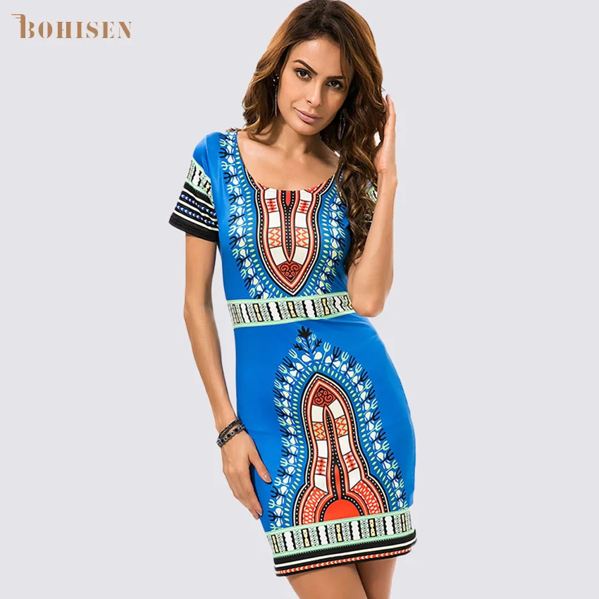

BOHISEN Dashiki African Dresses for Women African Print Short Sleeve Sexy Ankara Women Clothing