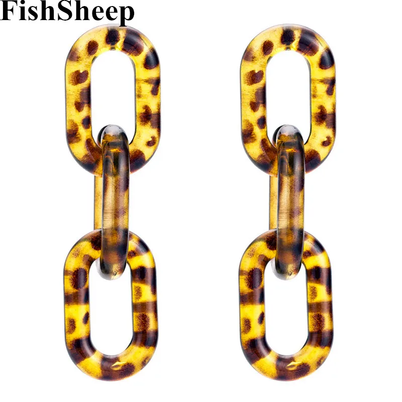 

FishSheep 2018 Fashion Geometric Leopard Acetate Round Acrylic Chain Drop Earrings Women's Statement Resin Long Earring Jewelry
