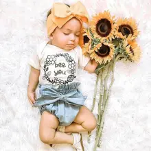 Коллекция года, летний комплект одежды для маленьких девочек, наряд с цветочным принтом «пчела-ты», топ с короткими рукавами, джинсовые шорты для детей, одежда для малышей, новорожденных