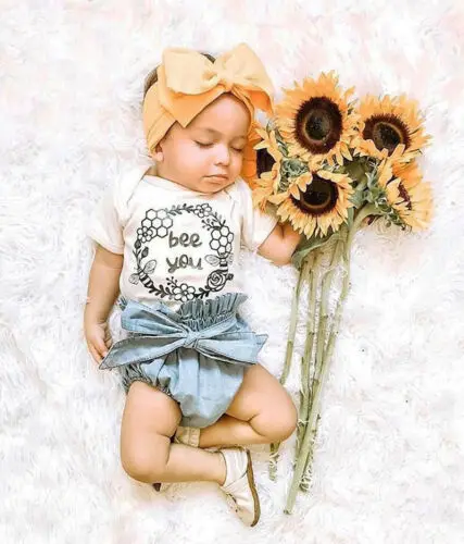 

2019 Baby Girl summer clothing Set Bee you Flower Outfit Short Sleeve Top Denim Shorts for Kid clothes toddler Children newborn
