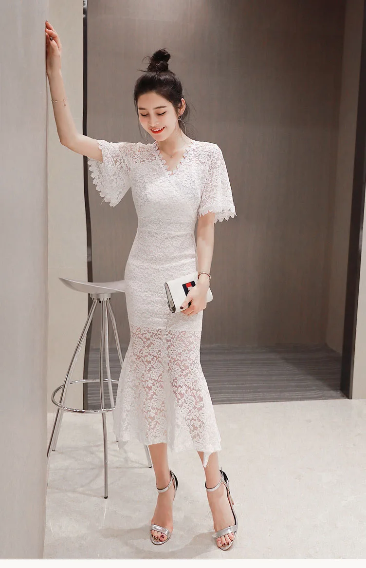 Женское кружевное вечернее платье с юбкой-годе, элегантное праздничное платье до середины икры белого цвета с V-образным вырезом, длинное платье с коротким рукавом, лето - Цвет: Sexy White