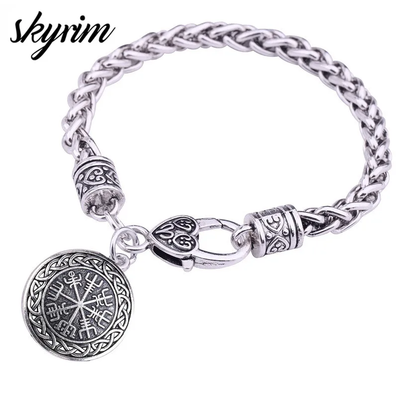 

Skyrim Viking Jewelry Odin's Symbol of Norse Runic Norse Runes Vegvisir Hollowed Compass Charm Bracelet Wheat Chain Bracelet