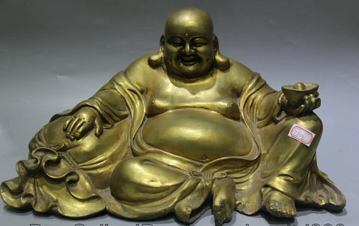 

dr524 14 Chinese Bronze Gild Seat Wealth Happy Laugh Maitreya Buddha Money Bag Statue
