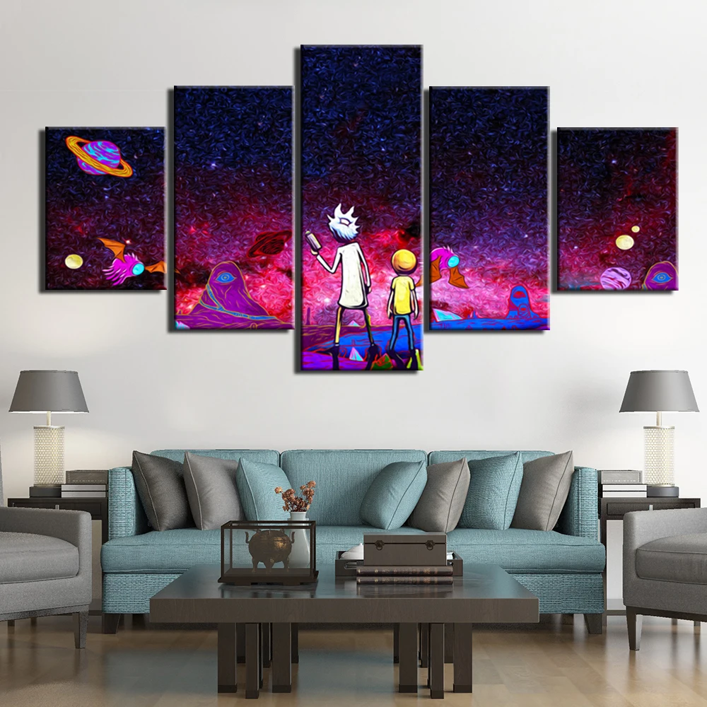 

Printing Canvas Wall Art 5 Panels Posters Painting Rick and Morty Pictures for Bedroom Home Decor Artwork Framed