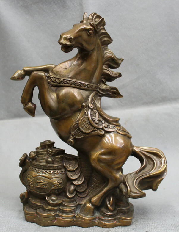

USPS to USA S1941 11" Chinese Copper Zodiac Year Fengshui Wealth Money Horse Treasure Bowl Statue B0401