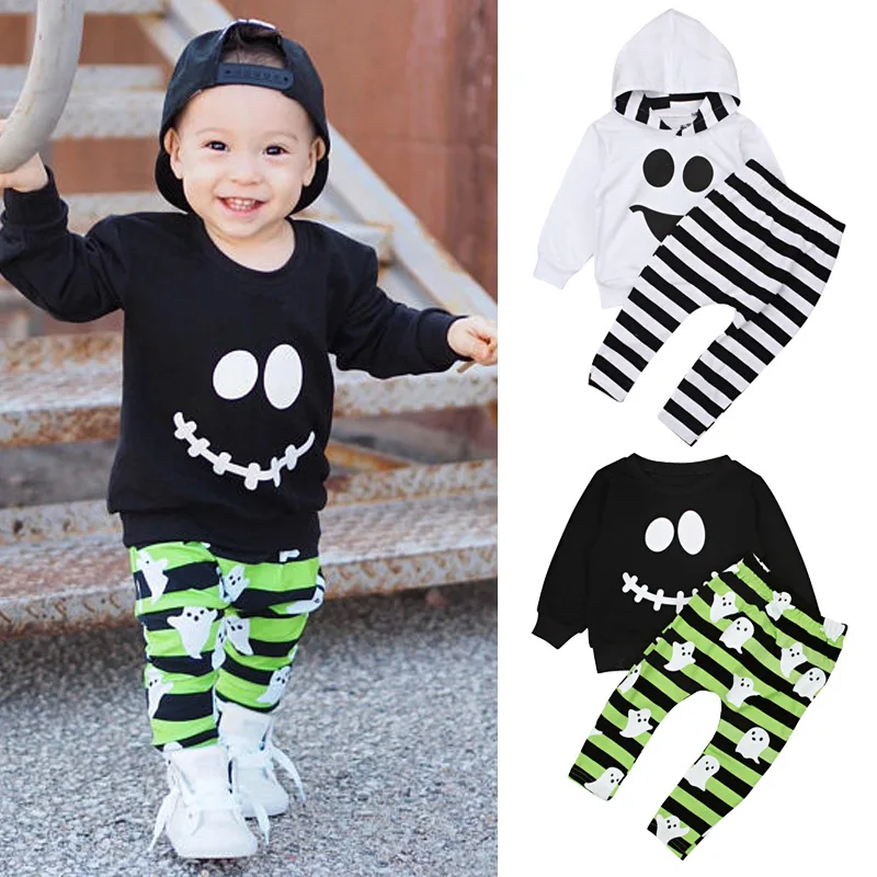 

Children's European And American Spring And Autumn Boys'long Sleeve Halloween Smile Facial Expression Two Sets Of Striped Childr