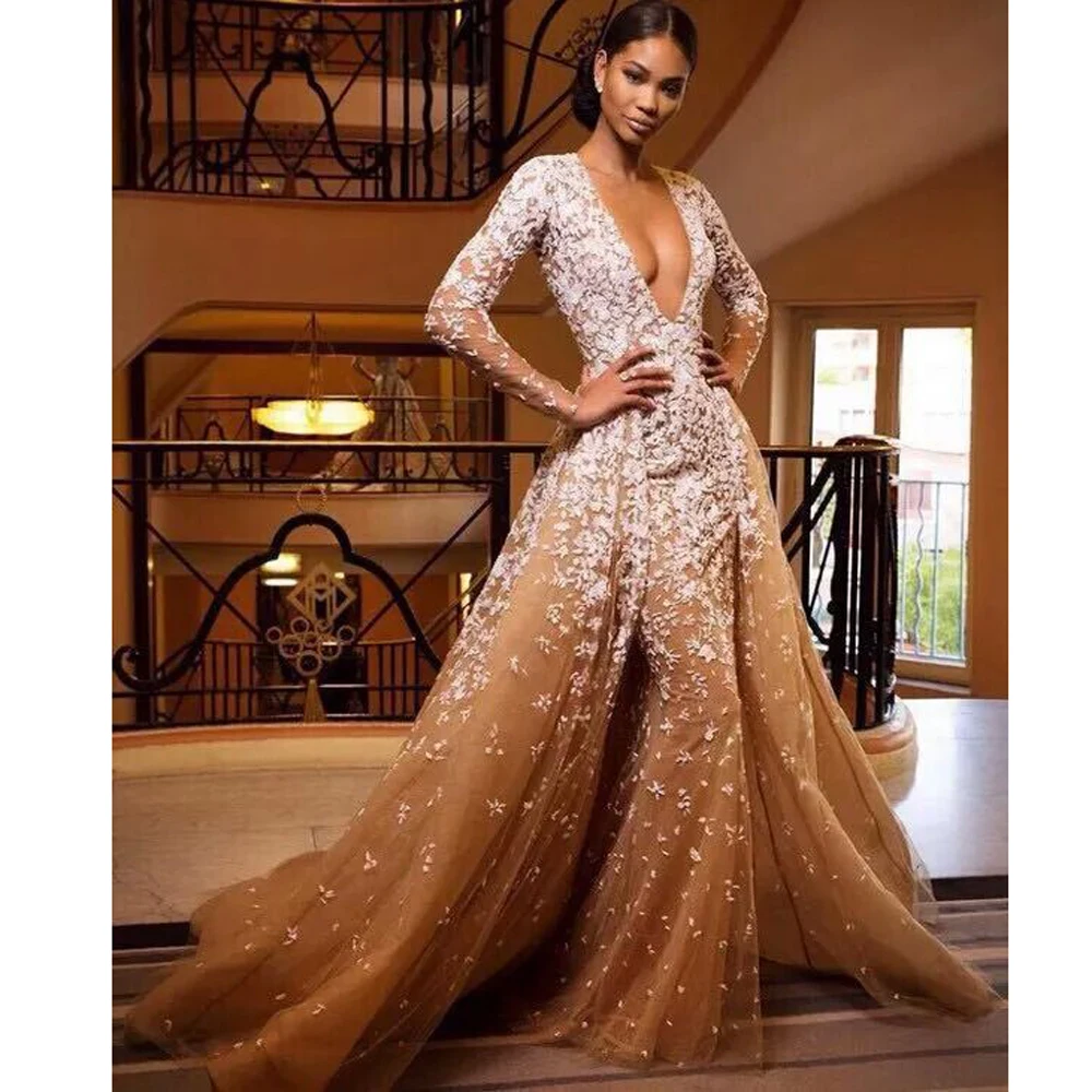 Long sleeve v neck evening gowns 2016