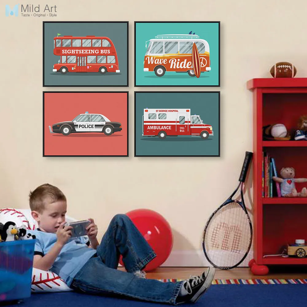 Colorful Cartoon Car Travel Bus Poster Print Kids Baby Room Deco Canvas Painting