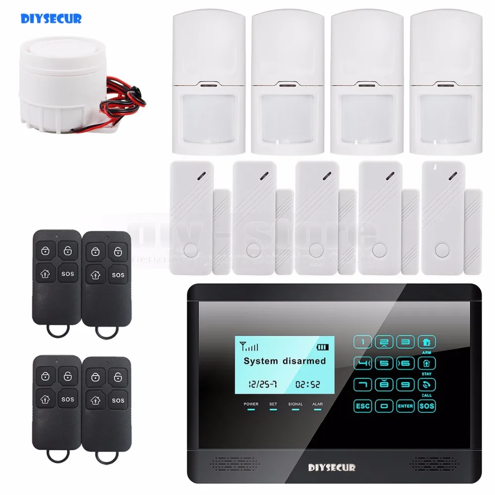 

DIYSECUR Wireless and wired GSM home burglar alarm system + 5 door inturder sensor + 4 motion sensor + 4 remote control