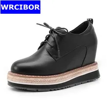 WRCIBOR 2017 Women’s Pumps Genuine leather Platform Round toe High heels Lace up leisure wedges Increased Internal Shoes Woman