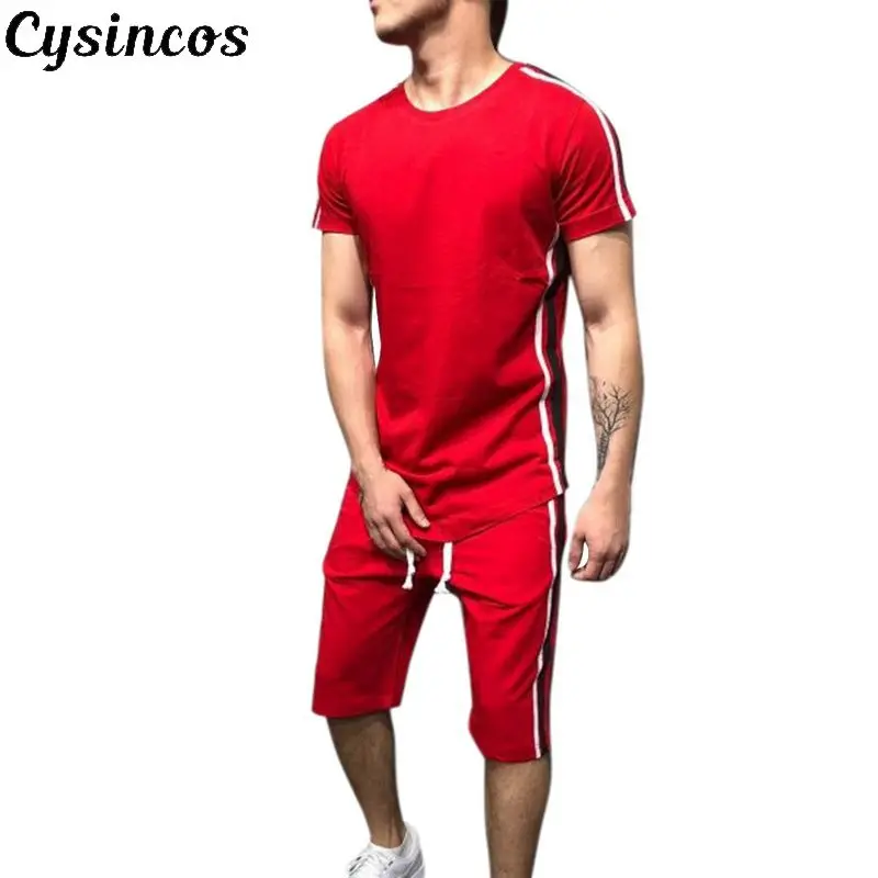 

CYSINCOS Mens Hiphop Tracksuit Sets Summer Short Sleeve T Shirt And Shorts Sporting Set Side Stripe Fashion 2 Pcs T Shirt Sets