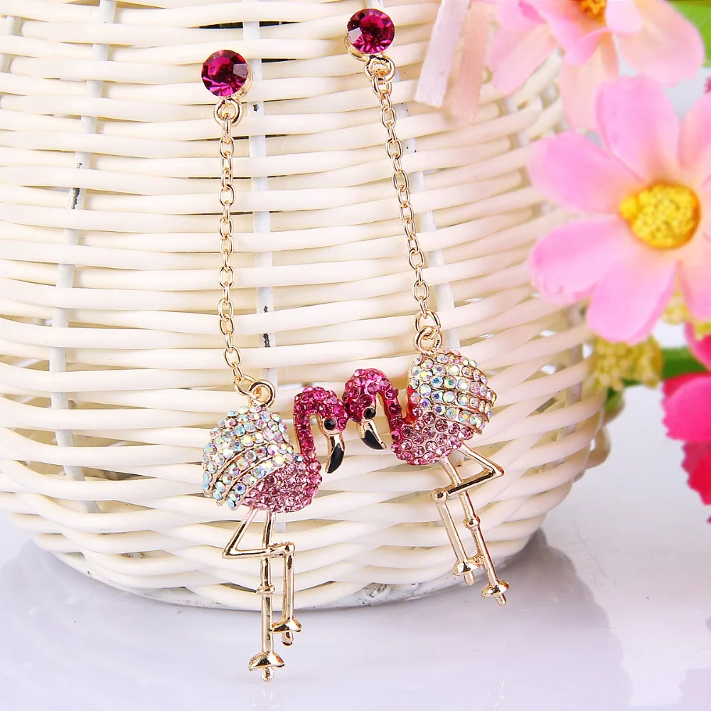 

Tuliper Flamingo Bird Dangle Earrings Austrian Crystal Pink Gold Tone Plated Earrings For Dress Women Lady Party Jewelry