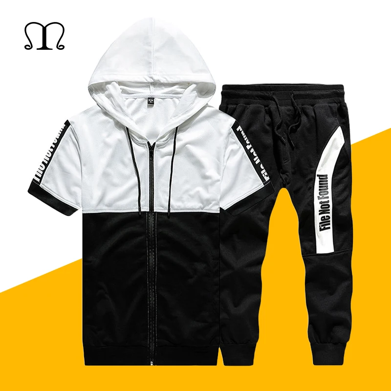 

Mens Short Sleeve Set Summer Fashion 2PC Hoodie+Shorts Sets Tracksuit Patchwork Hooded Sweatshirt Suit Hip Hop Slim Streetswear