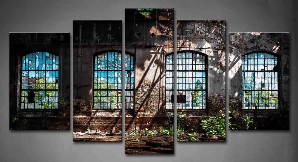 

5 Pics Framed Wall Art Picture Factory Window Plant Canvas Print Artwork Architecture Poster With Wooden Frame For Decor