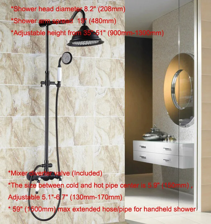 Wall Mounted Dual Ceramic Handles Black Oil Rubbed Bronze Bathroom Rain Shower Faucet Set 8" Inch Round Rain Shower Head mrs772