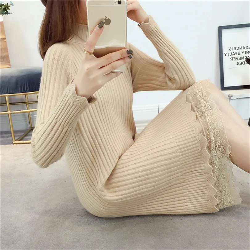 Женское трикотажное платье свитер с высоким воротником и кружевом|knitted dress|sweater