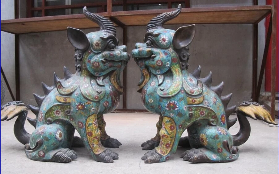

Chinese Royal 100% Pure Bronze Cloisonne Fu Foo Dog Guardian Lion unicorn pair Statue Statue discount 30%