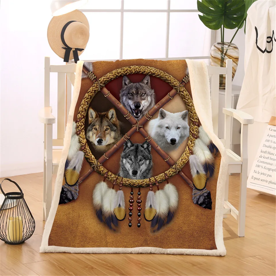 BlessLiving Wolves Dreamcatcher Fleece Blanket Indian Wolf Reversible Sherpa Throw Blanket on the Bed Wild Animal