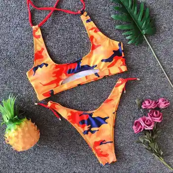 

Sexy Lace Up Bandage Bikinis Women Push Up Thong Swimwear Swimsuit Brazilian Bathing Suits Camouflage Pineapple Print biquini