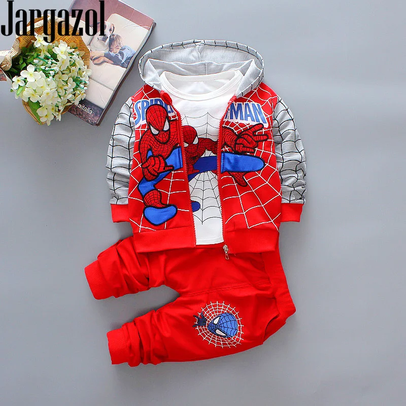 

Toddler Boy Clothes Cartoon Super Printed Man Embroidery Hooded Coat&shirt&pants 3pcs Kids Costume Boys Clothing Set Outfits