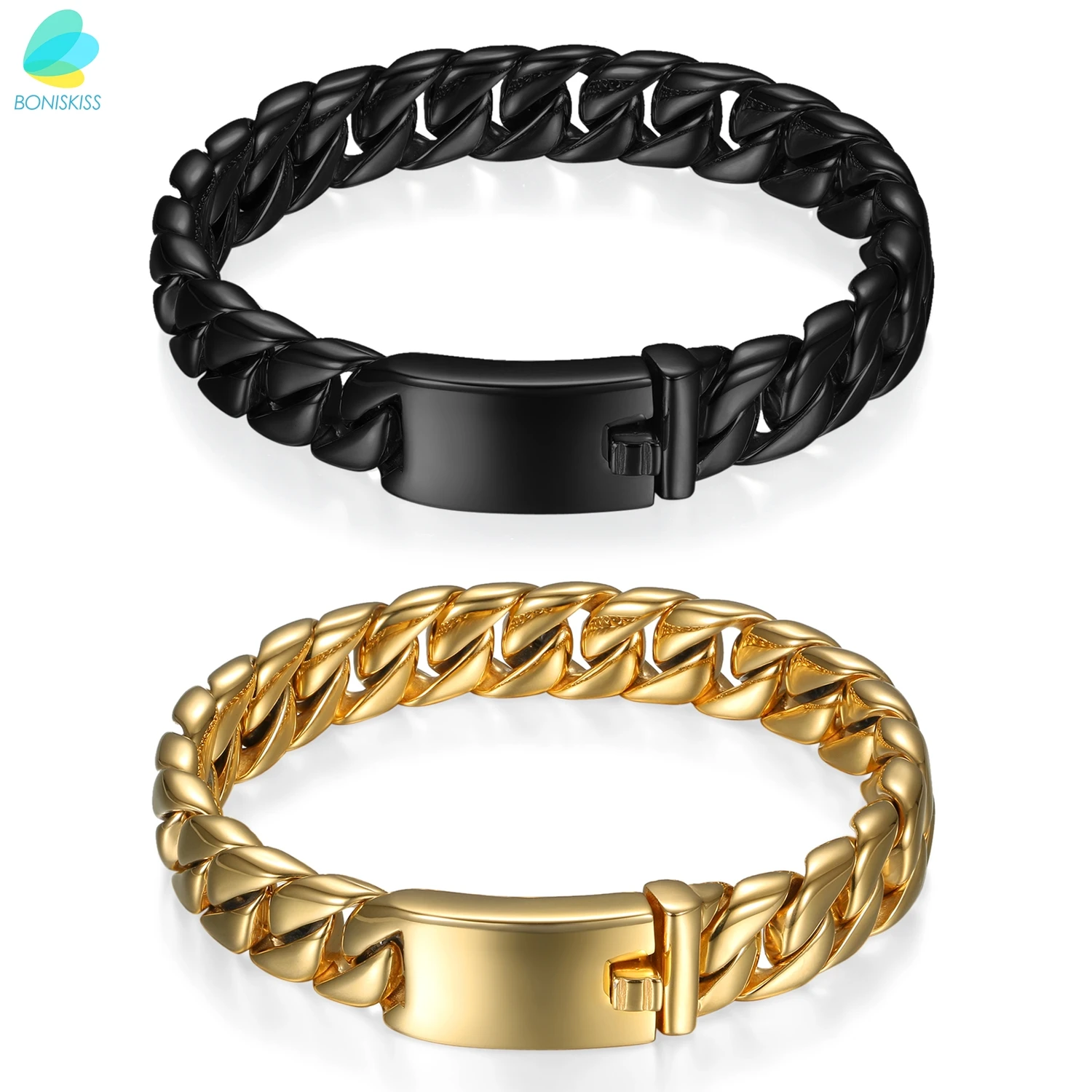 2pcs BONIKSISS высокий светильник полированный мужской золотой/черный браслет из нержавеющей стали гравировка - Окраска металла: 2pcs