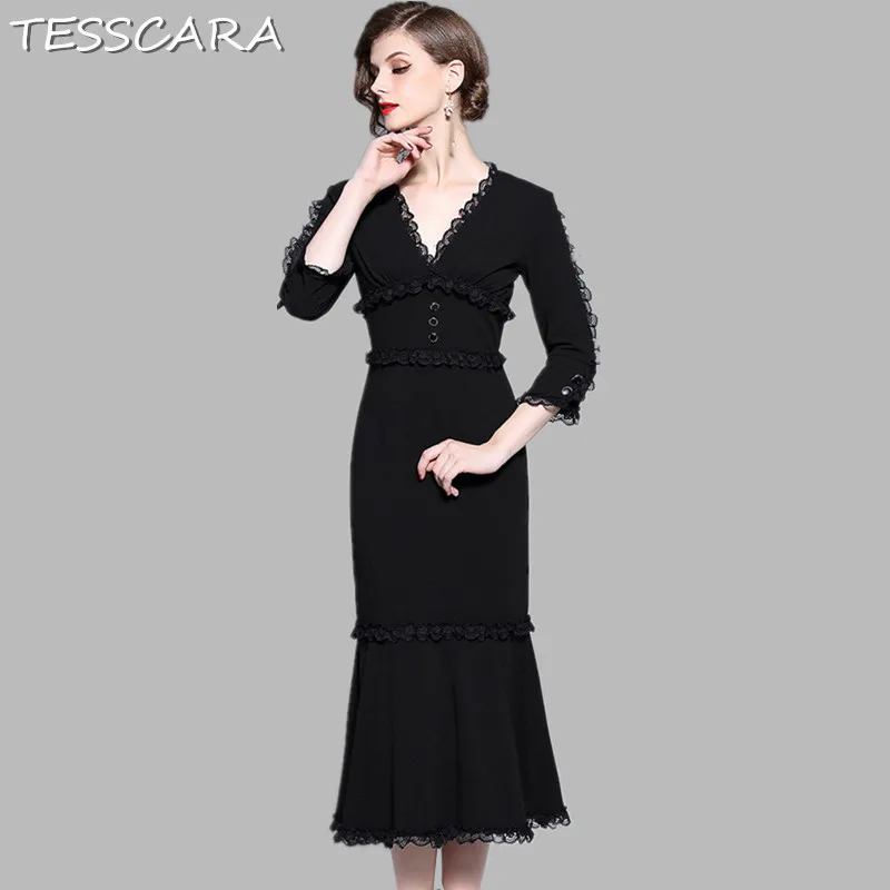 

TESSCARA Women Autumn Elegant Black Dress Festa Female High Quality Vintage Office Robe Femme Lace Designer Trumpet Vestidos