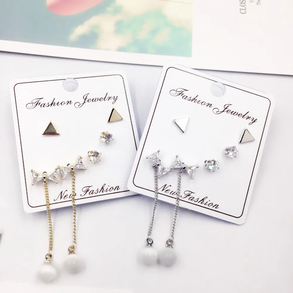 

Wedding Decoration 925 Silver Needle Bowknot Zircon Earrings Women Fashion Cute Triangle Stud Earring Set Jewelry