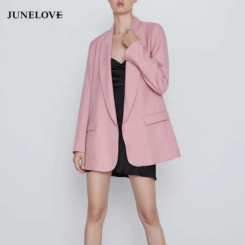 JuneLove женский однотонный блейзер с длинными рукавами, пиджак, винтажный женский свободный блейзер с карманами, Повседневная Уличная одежда, офисный Женский блейзер, верхняя одежда