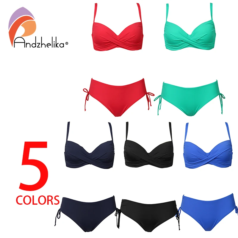 Andzhelika 2018 Plus Size Bikini Set Solid Swimsuit Halter Bikini Summer Beach Wear Cross Straps Swimwear Mid Waist Bathing Suit