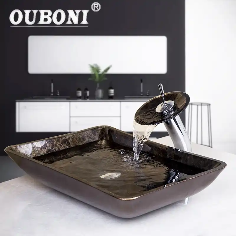 Waterfall Spout Bathroom Rectangular Glass Basin Sink Washbasin Glass Hand Painted Lavatory Bath Brass Set Faucet Mixers Taps