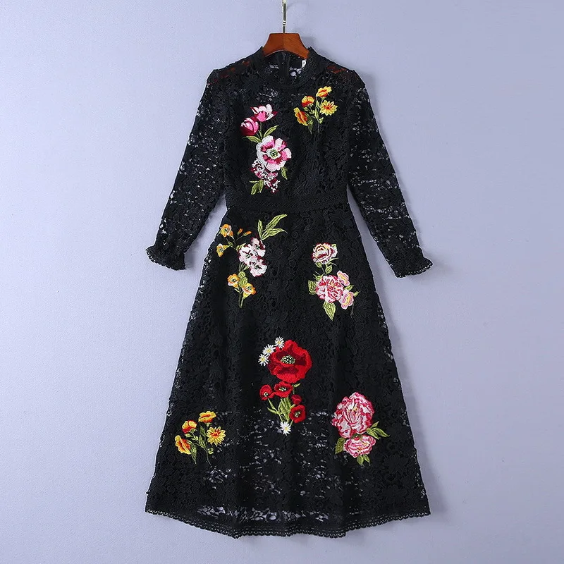 

Spring Ladies Elegant Water-soluble Lace Hollow Out Floral Embroidered Dresses Black White Stand Collar Long Sleeve Dress B382