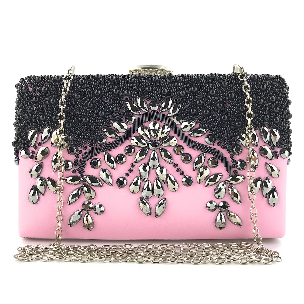 

Single Shoulder Pink Color Black Beading Decorating LUXURY Evening Clutch Bag Hot Selling Lady Wedding Purse Bags Bolsa De Festa