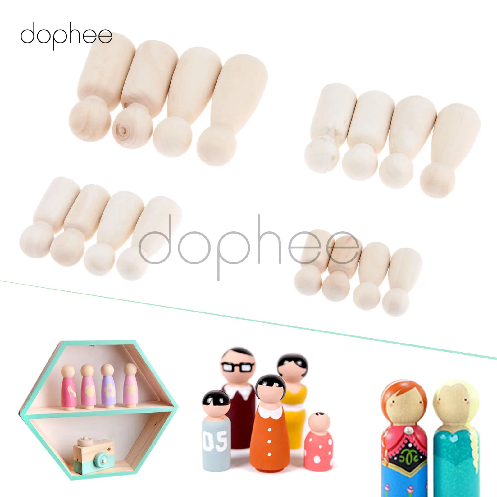 Dophee 16 шт Смешанные 35/43/55/65 мм деревянные колышки для кукол Неокрашенные Фигурки